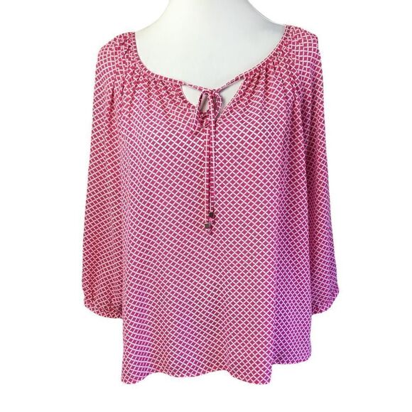 a.n.a. Blouse Tunic Pink White Print Tie Front 3/4 Length Sleeves Medium - Picture 1 of 11
